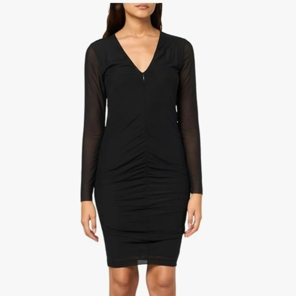NWT Hugo Boss Womens L Ebec‎ Black Mesh V-Neck Long Sleeve Midi Dress Designer